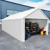 A white tent-like structure, likely a portable garage or storage shed, is shown outdoors on a concrete surface. Inside, shelves are stocked with various items, and a snowblower is visible. Produktbild-Vorschau