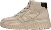 A side view of a beige high-top sneaker with shearling lining and a thick platform sole. Voir les images du produit