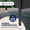 Close-up of the leg of a black rattan garden bench, with a logo and text overlay. Produktbild-Vorschau