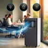 A portable air conditioner is shown in an office setting with people working in the background. Blue light effects suggest airflow. Produktbild-Vorschau