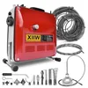 A red and gray pipe cleaning machine with various attachments and coiled pipes. Produktbild-Vorschau