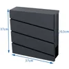 A dark gray mailbox with dimensions indicated by blue arrows and text. Produktbild-Vorschau