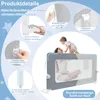 A collage of product details for a baby bed guard rail, featuring close-ups of its features and a main image of a mother and baby interacting with the product. Voir les images du produit