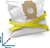 A white vacuum cleaner bag with a measuring tape wrapped around it, and dimension indicators. Produktbild-Vorschau
