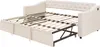 A beige upholstered daybed with its trundle bed pulled out, revealing the wooden slat support system. Anteprima dell’immagine prodotto