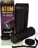 The image shows the Levenhuk Atom 10-30x30 Monocular, its packaging box, and accessories. Produktbild-Vorschau