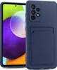 A dark blue phone case with a card slot is shown on a white background, with a portion of a smartphone screen visible. Produktbild-Vorschau