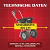 A marketing image showing a garden spreader with technical specifications overlaid. Produktbild-Vorschau