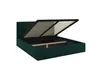 A green upholstered bed frame with the storage compartment open, revealing the slatted mattress base and internal storage space. Produktbild-Vorschau