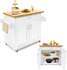 A white kitchen cart with a wooden countertop, shown with food items on top and open cabinets revealing storage. Voir les images du produit
