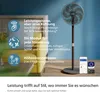A Philips stand fan is shown in a lifestyle setting with text highlighting its features. A smartphone displaying the Philips Air+ app is also visible. Anteprima dell’immagine prodotto