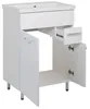 A white bathroom vanity with a ceramic sink and open doors and a drawer. Podgląd zdjęcia produktu