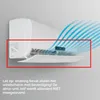 A close-up view of a white air conditioner unit with a white wind deflector attached, showing blue air flow lines emanating from it. Produktbild-Vorschau