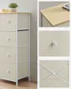 A collage of images showing a beige fabric drawer dresser, including close-ups of the top, a drawer pull, and the back support structure. Náhled obrázku produktu