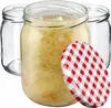 Three glass jars, one filled with sauerkraut, and a red and white checkered lid are arranged on a white background. Anteprima dell’immagine prodotto