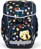 A navy blue children's backpack with a colorful polka dot pattern and a cartoon patch on the front. Voir les images du produit