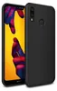 A black phone case is shown next to a smartphone displaying a colorful wallpaper. Produktbild-Vorschau