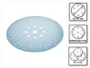 A light blue sanding disc with many small holes and a few larger holes in the center, shown on a white background. To the right are three smaller images showing diagrams of the disc's diameter, grit, and quantity. Náhled obrázku produktu
