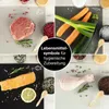 A collage of four images showing different food items on cutting boards, with a central circle containing text. Produktbild-Vorschau