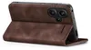 A brown flip case for a smartphone is shown from the back, with the cover open. Produktbild-Vorschau