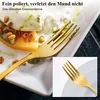 A close-up of a golden fork on a plate of food, with a smaller inset image of another golden fork. Produktbild-Vorschau