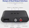 A black Bluetooth audio adapter with various ports and buttons, with text overlays describing its features and connections. Produktbild-Vorschau