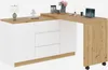 A rendered image of an L-shaped desk with white drawers and a wooden top, set against a white background. Voir les images du produit