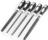A set of five metal files with black and white handles, arranged diagonally on a white background. Produktbild-Vorschau