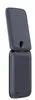 A dark gray flip phone is shown from a side-angle with the top half open. Produktbild-Vorschau