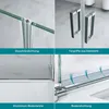 A collage of four close-up images showcasing different features of a shower door. Produktbild-Vorschau