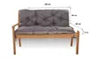 A dark gray bench cushion on a wooden garden bench, with dimensions indicated by text overlays. Produktbild-Vorschau
