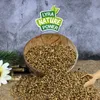 A bowl of hemp seeds spilling onto a burlap surface, with a sprig of greenery and a white flower to the side. A logo is visible in the top right corner. Produktbild-Vorschau