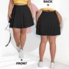 A collage showing a black tennis skirt from the front and back. The front view includes a tennis racket. Produktbild-Vorschau