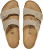A top-down view of a pair of beige Birkenstock Arizona sandals. Produktbild-Vorschau