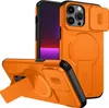An orange iPhone case with a camera lens cover and kickstand is shown from multiple angles. Náhled obrázku produktu