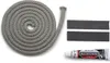 A coiled gray rope, two black strips with white lines, and a tube of adhesive are laid out on a white background. Produktbild-Vorschau
