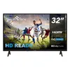 A television screen displaying a soccer match, with product information overlaid. Produktbild-Vorschau