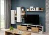 A modern living room with a wall-mounted entertainment unit, TV, and coffee table. Produktbild-Vorschau
