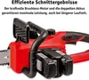 Close-up of a red and black cordless chainsaw with two batteries inserted. Produktbild-Vorschau