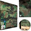 A collage of images showing a camouflage tarp, a close-up of the tarp's texture and grommets, and a tarp covering boxes on a pallet. Anteprima dell’immagine prodotto
