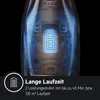 A close-up of a vacuum cleaner's internal battery system, with a glowing battery icon and text describing its runtime. Produktbild-Vorschau
