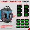 A laser level tool with diagrams illustrating its various modes and features. Produktbild-Vorschau