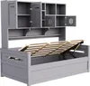 A grey wooden daybed with an open storage compartment and a hutch with shelves and cabinets. Náhľad obrázku produktu