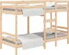 A wooden bunk bed with mattresses and white bedding, shown against a white background. Produktbild-Vorschau