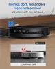A robot vacuum cleaner is shown cleaning under a bed, with text highlighting its slim design and ability to reach tight spaces. Another image shows a robot vacuum cleaner unable to access an area due to height. Produktbild-Vorschau