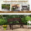 Collage of three images showing a wooden garden bench in different outdoor settings, with a larger image of the bench at the bottom. Náhled obrázku produktu
