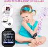 A young girl wearing a smartwatch is shown in a playful pose, with graphics indicating music playback and SIM card functionality. Produktbild-Vorschau