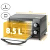 A close-up angled view of a mini oven with dimensions and capacity highlighted by a yellow overlay. Voir les images du produit
