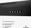 A close-up view of the control panel and top vent of a black range hood, with feature descriptions listed below. Produktbild-Vorschau