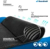 A close-up of a black rubber mat with drainage grooves, featuring marketing icons and text. Produktbild-Vorschau